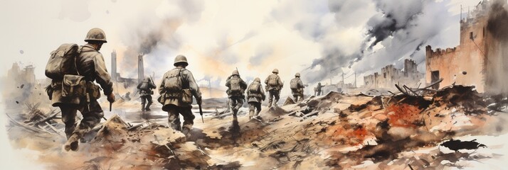 World war II battle scene illustration. AI Generative Art. - 621958286