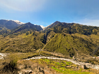 Panorama of meadow in Har Ki Dun valley in Himalaya mountains in spring. Panorama view of Ruinsara Lake trek Himachal Pradesh, India