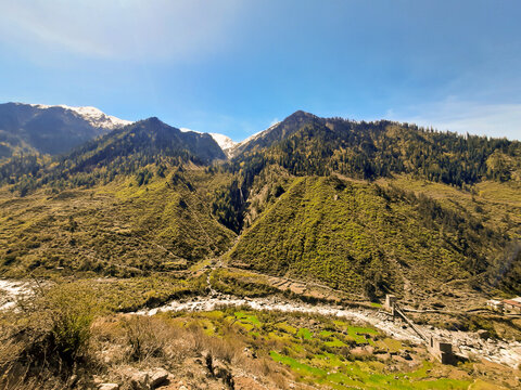 Panorama of meadow in Har Ki Dun valley in Himalaya mountains in spring. Panorama view of Ruinsara Lake trek Himachal Pradesh, India