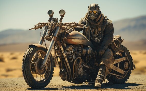 Astropunk photography in the style of mad max biker.
