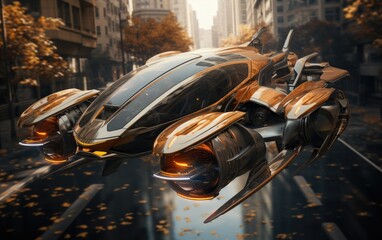 A futuristic flying car flying through the city in the future.