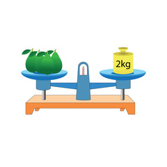 balance Scale. avocado and 2kg. scales in balance, an imbalance of scales. vector illustration. on white background. scale clipart