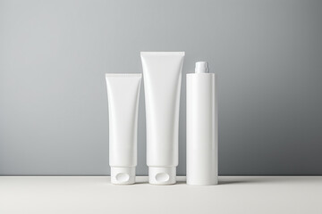 White cosmetic tubes on gray background. Blank label for branding mockup and product presentation. Natural cosmetic skincare beauty and body care product concept.