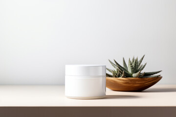 White cosmetic jar with greenery on white background. Blank label for branding mockup and product presentation. Natural cosmetic skincare beauty and body care product concept.