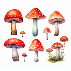 mushrooms set watercolor on a white background created with Generative Ai