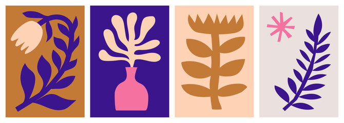 Fototapeta na wymiar Plants posters designs inspired by Naive art. Flat vector illustrations with botanical and organic shapes for cards, invitations, celebrations, wall art, prints or interior decoration.
