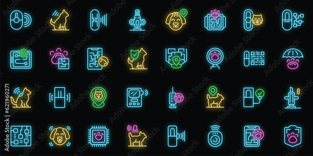 Poster microchip for pet icons set outline vector. digital future. reader teg neon color on black