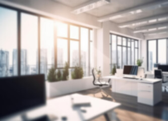Fototapeta premium Office interior in the morning, bright workplace with cityscape, background for business presentation, generative AI