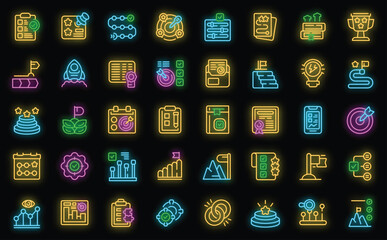 Business goals icons set outline vector. Target dart. People stairs neon color on black