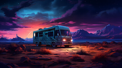 RV stopped in the middle of the desert with a cinematic and colorful sunset. - obrazy, fototapety, plakaty