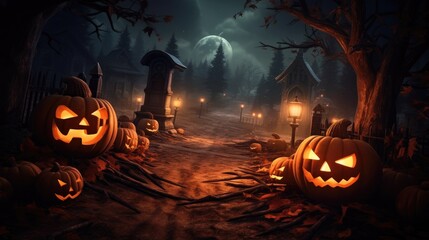 Halloween, Pumpkins In Graveyard In The Spooky Night. Generative Ai