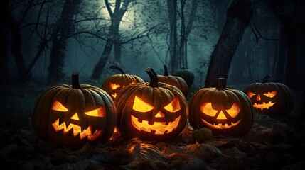 Halloween pumpkins on wood in a spooky forest at night with empty space. Scary halloween. Generative Ai
