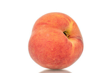 One ripe organic peach, macro, isolated on white background.