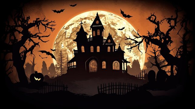 Halloween silhouette of Creepy pumpkins of spooky halloween haunted mansion Evil houseat night with full moon. Scary halloween. Generative Ai