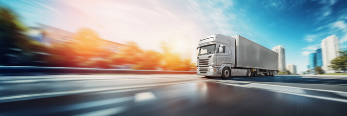  fast delivery truck on the highway in big, modern city. cargo transport vehicle.