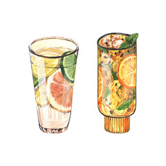 Watercolor summer cocktail passion fruit, maracuya and orange fizzy. Hand-drawn illustration isolated on white background. Perfect for recipe lists with alcoholic drinks, brochures for cafe