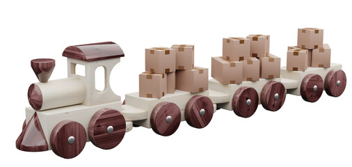 Toy train carries packed boxes of different sizes. Layout for the transport of goods. 3D rendering
