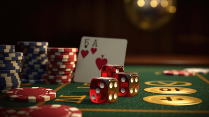 Dice with cards and chips on the desk in the casino