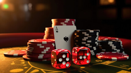 Dice with cards and chips on the desk in the casino