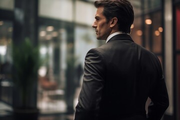 Fototapeta premium The Silent Leader, Back Turned Businessman in Suit, a Windows Style Portrayal, generative ai