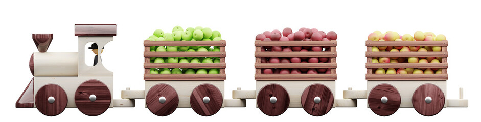 The toy train carries three boxes with red, green, yellow apples side view. 3D rendering