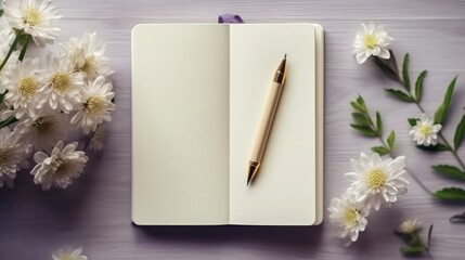 Top view of white blank notebook and flowers on the desk