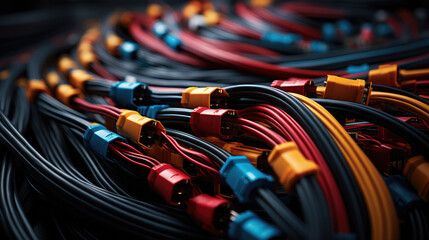 Colorful wire harness and plastic connectors for vehicles, automotive industry and manufacturing - obrazy, fototapety, plakaty