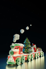 Christmas train decorated with garland and snow with three cars carries Christmas tree with lights,  snowman, Santa Claus boxes with gifts. 3D rendering
