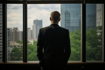 Fototapeta premium The Silent Leader, Back Turned Businessman in Suit, a Windows Style Portrayal, generative ai