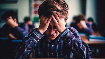 Classmates watching a depressed teenage boy sitting and crying. Generative AI