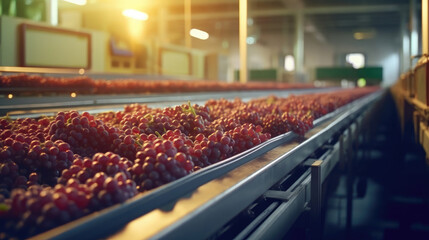 Grapes on conveyor belt, wine factory