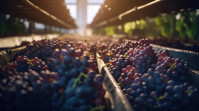 Grapes on conveyor belt, wine factory