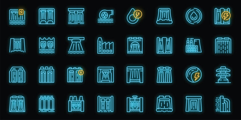 Hydro power station dam icons set outline vector. Water plant. Electric dam neon color on black