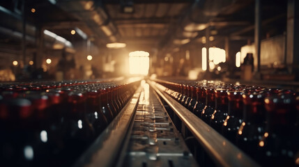 Fototapeta na wymiar Red wine bottles on the conveyor belts, wine factory
