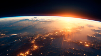 A breathtaking view of planet Earth from space, with radiant sun. Generative AI