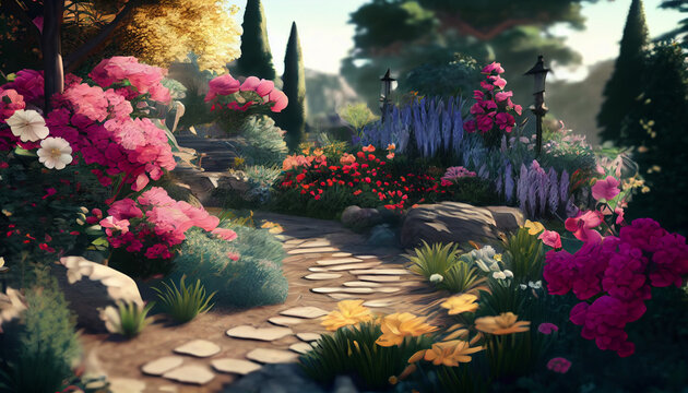 Paradise garden full of flowers, beautiful idyllic background with many flowers in eden, 3d illustration Ai generated image