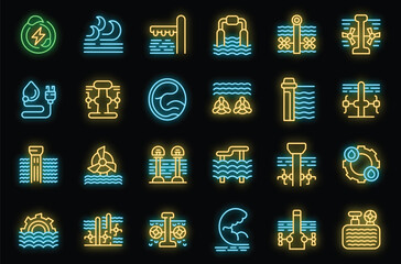 Tidal energy icons set outline vector. Green ecology. Electric recycle neon color on black