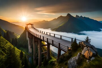 a wooden bridge on the top of high hills