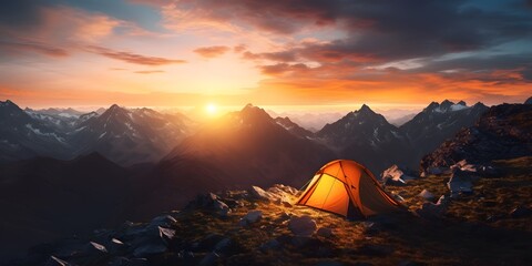 Fototapeta na wymiar camping tent high in the mountains at sunset. banner with copy space. generative AI