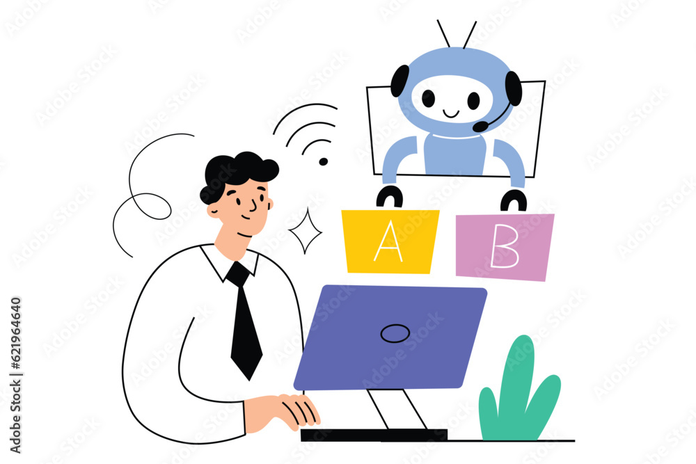 Poster ai solves problem, robot offers human two options, artificial intelligence application, chat bot ans