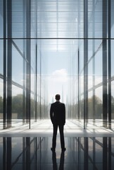 Fototapeta premium The Silent Leader, Back Turned Businessman in Suit, a Windows Style Portrayal, generative ai