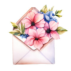 Watercolor of a envelope with flowers Clipart isolated on Transparent Background, Flowers in love envelope.