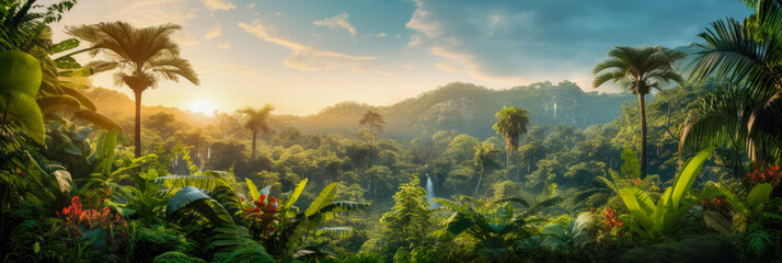 Tropische Landschaft mit Palmen und Bergen. Generiert mit KI