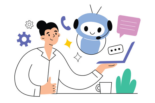 AI customer service application. Artificial intelligence helps client. Call and chat with robot assistant. Woman with laptop gets support from online bot. Hand drawn composition, vector illustration