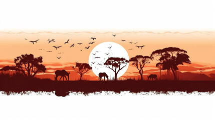 Fototapeta na wymiar Africa Safari Savanna landscape background banner panorama for logo - Brown silhouette of wild animals, trees, vehicle and sun, isolated on white background, Generative Ai