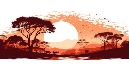 Africa Safari Savanna landscape background banner panorama for logo - Brown silhouette of wild animals, trees, vehicle and sun, isolated on white background, Generative Ai