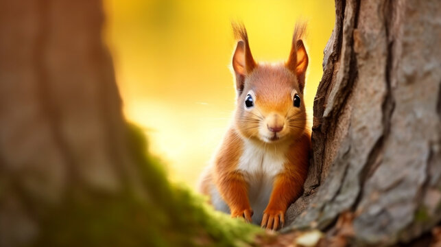 Animal wildlife background - Sweet cute red squirrel ( sciurus vulgaris ) looks cheeky out from behind tree trunk in forest in the natural environment on a sunny autumn morning, Generative Ai