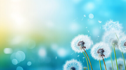 Beautiful closeup of blowball dandelion in nature in spring summer morning, with bokeh and blue turquoise green background banner panorama, Generative Ai