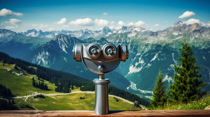 Fototapeta na wymiar Binoculars telescope in the mountains alps in the Kleinwalsertal in Austria with a great view, Generative Ai