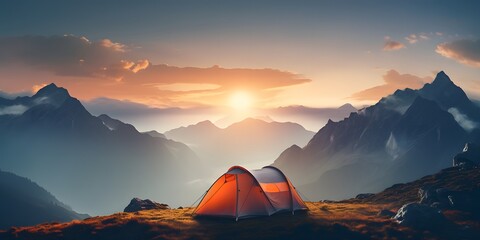 Fototapeta na wymiar camping tent high in the mountains at sunset. banner with copy space. generative AI